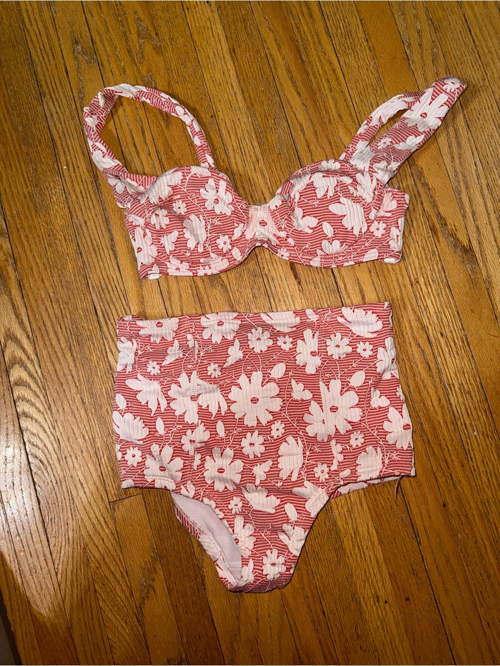 Urban Outfitters Red and White Floral High-Waist Bikini Set